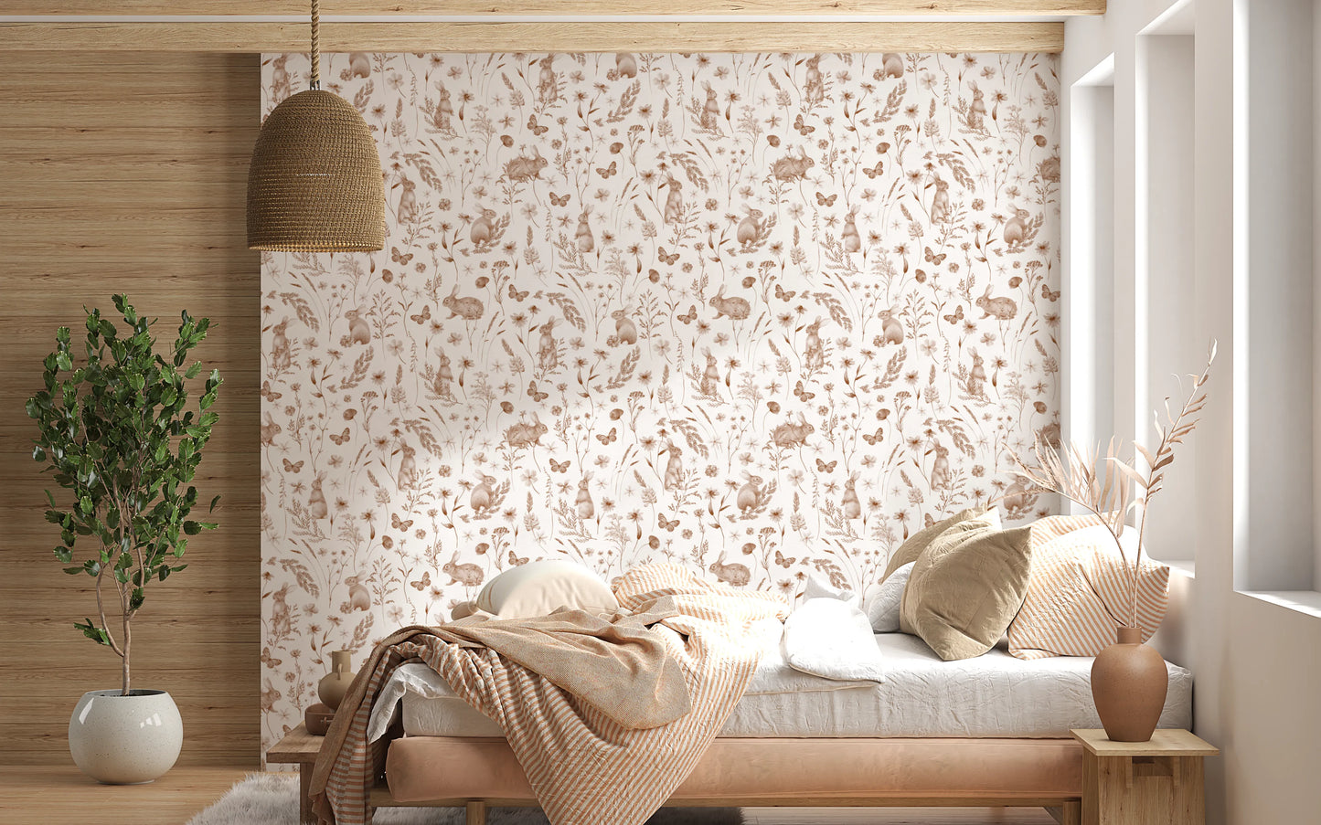 Charming Woodland Rabbits and Wildflowers Pattern Wallpaper⁠