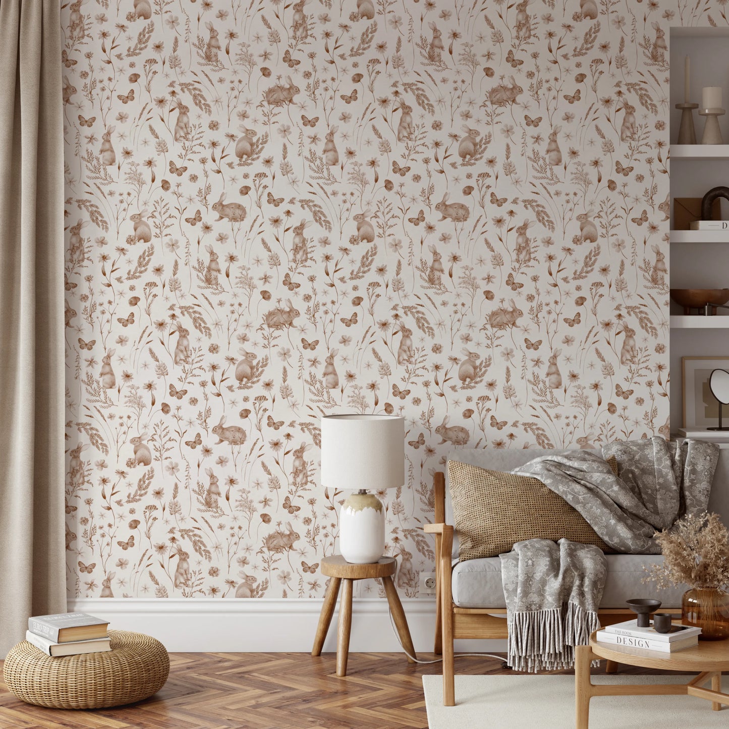 Charming Woodland Rabbits and Wildflowers Pattern Wallpaper⁠