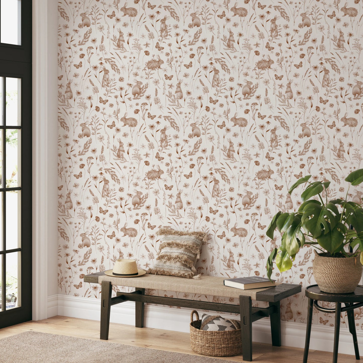 Charming Woodland Rabbits and Wildflowers Pattern Wallpaper⁠