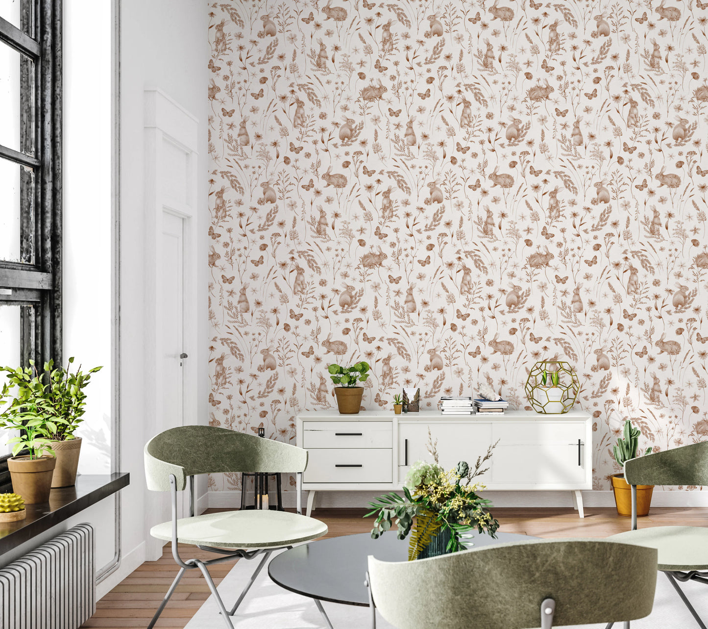 Charming Woodland Rabbits and Wildflowers Pattern Wallpaper⁠