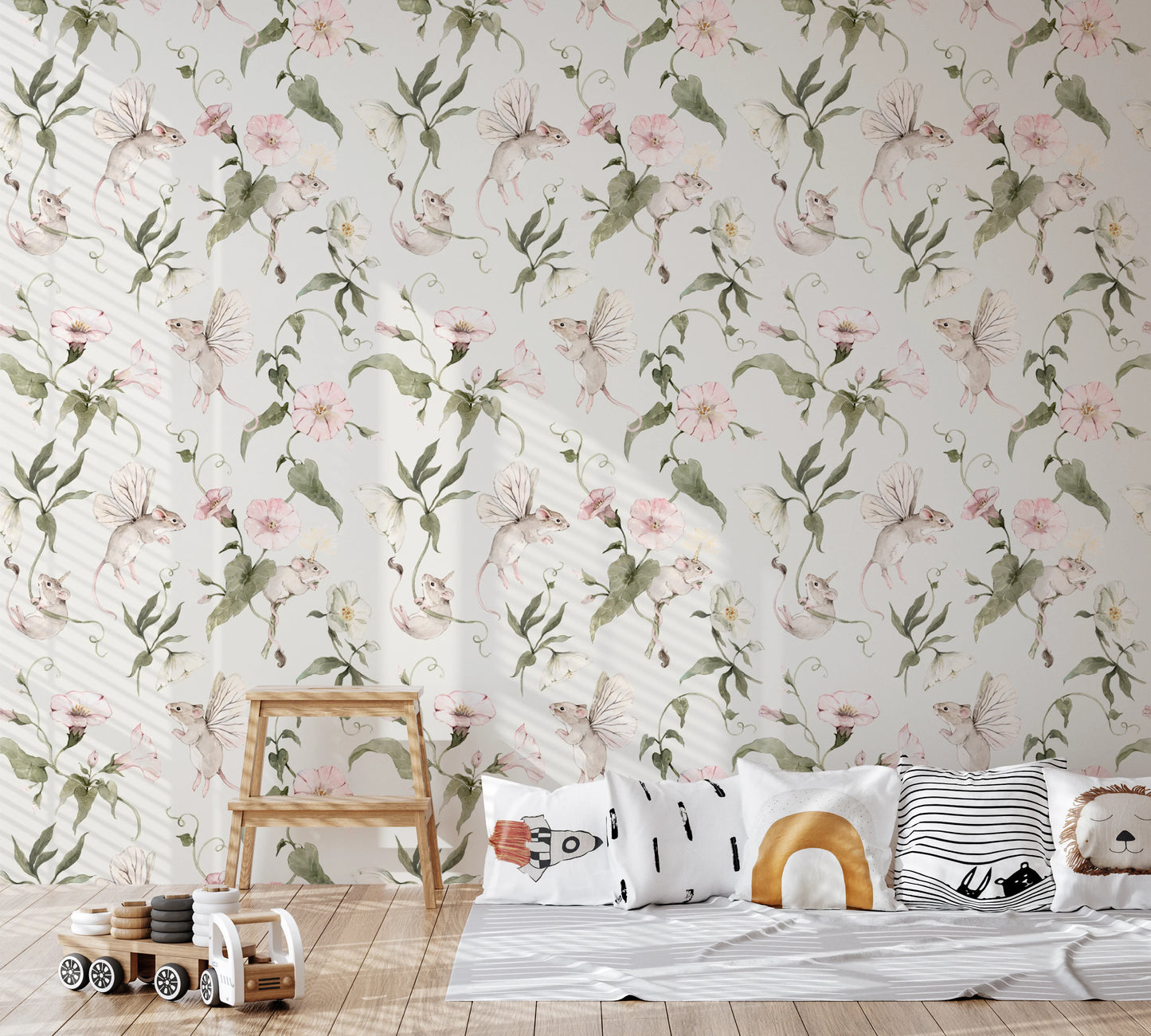 Magical Garden Fairy Mouse and Flower Print Wallpaper⁠