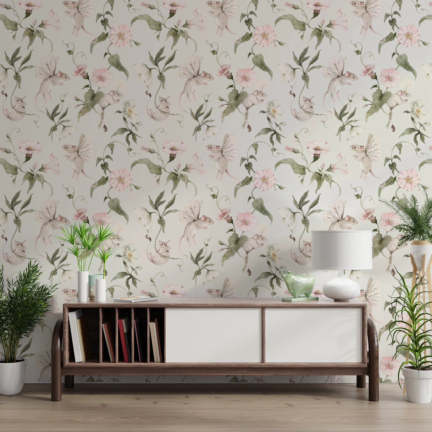 Magical Garden Fairy Mouse and Flower Print Wallpaper⁠
