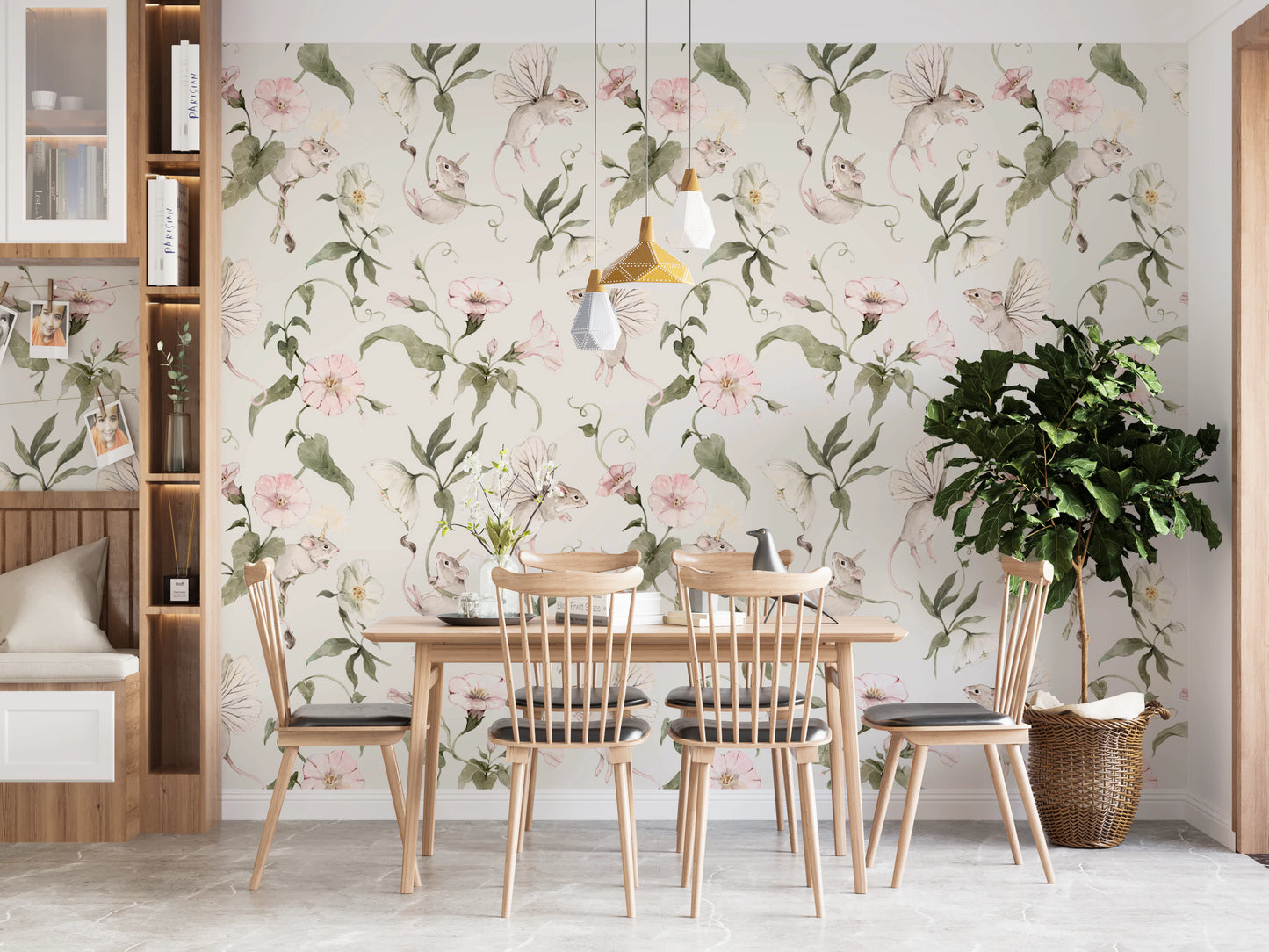 Magical Garden Fairy Mouse and Flower Print Wallpaper⁠