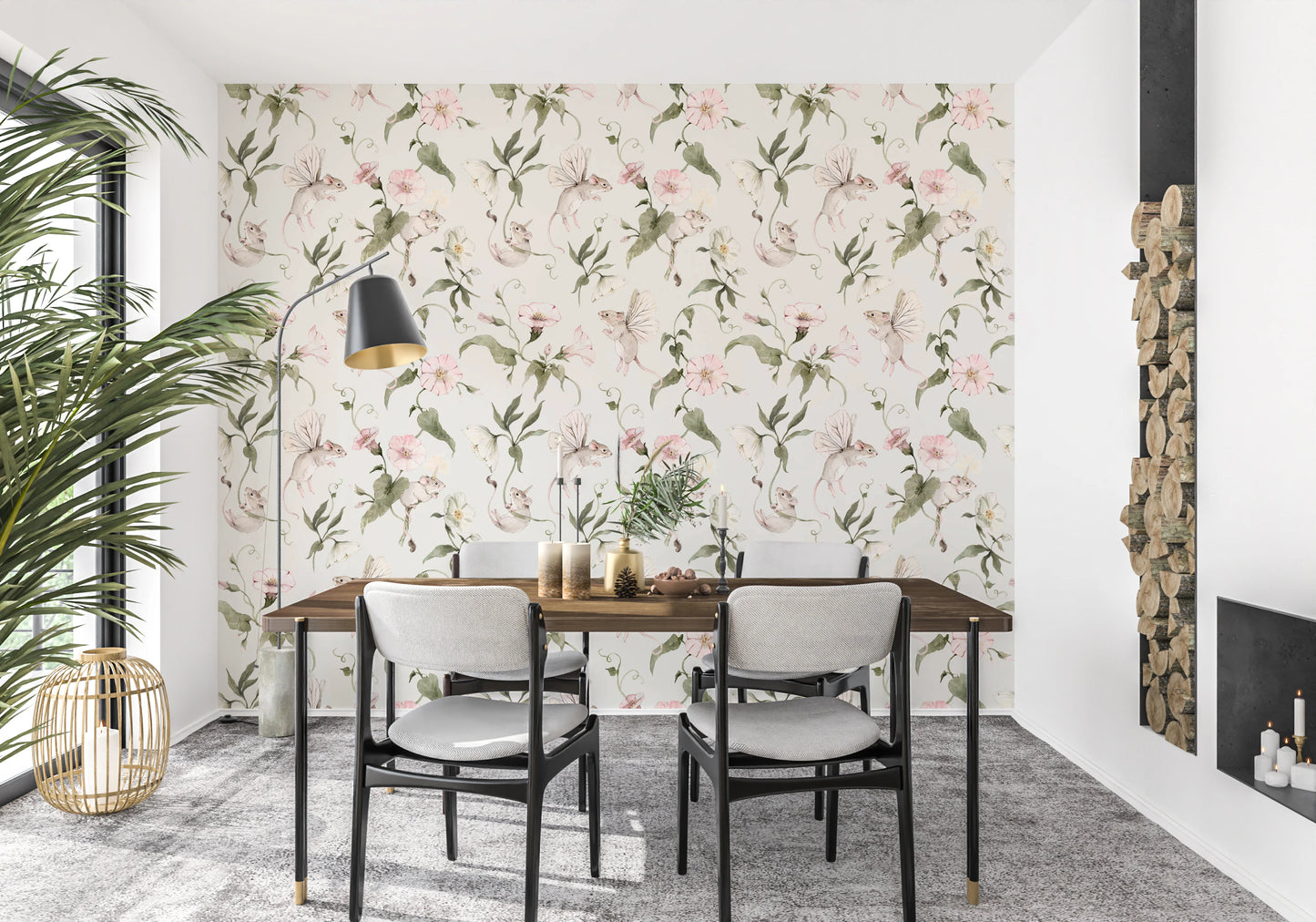 Magical Garden Fairy Mouse and Flower Print Wallpaper⁠