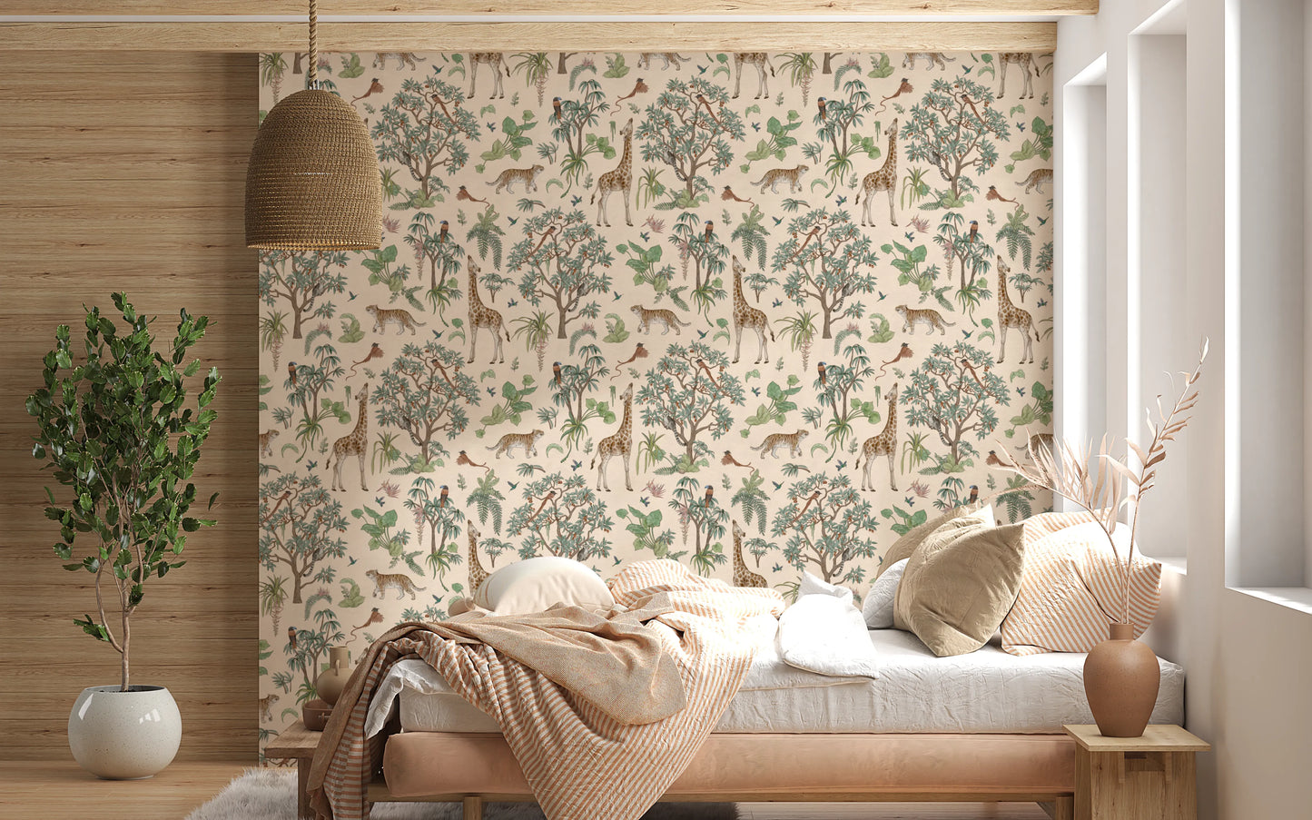 Whimsical Hand Drawn Tropical Safari Scene Wallpaper⁠
