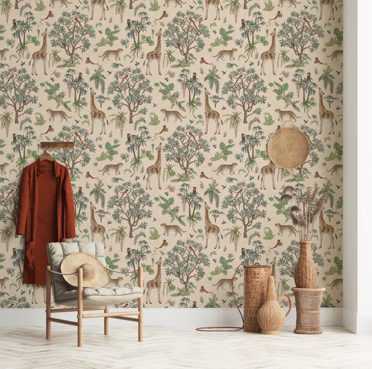 Whimsical Hand Drawn Tropical Safari Scene Wallpaper⁠