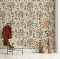 Whimsical Hand Drawn Tropical Safari Scene Wallpaper⁠