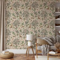 Whimsical Hand Drawn Tropical Safari Scene Wallpaper⁠