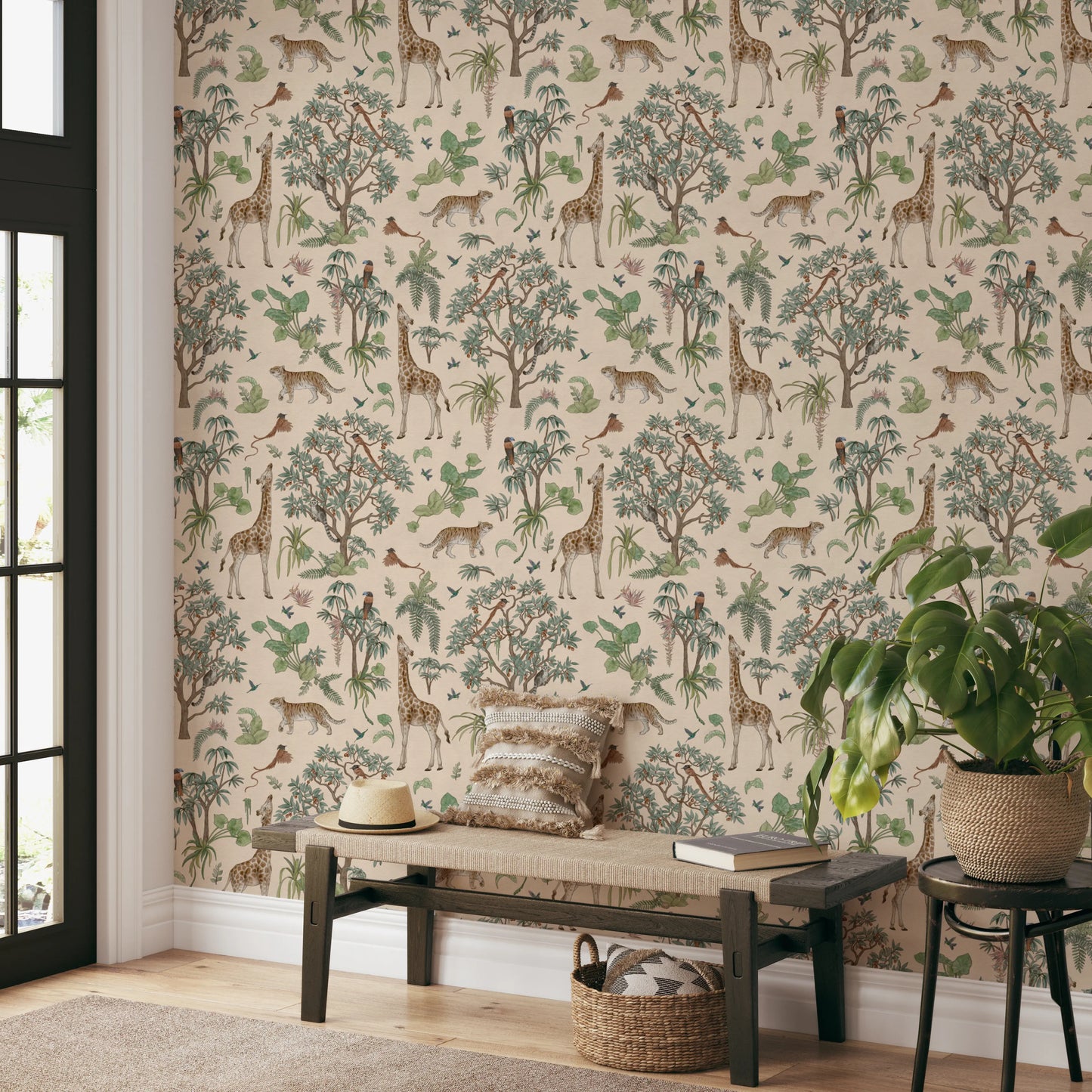 Whimsical Hand Drawn Tropical Safari Scene Wallpaper⁠