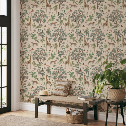 Whimsical Hand Drawn Tropical Safari Scene Wallpaper⁠