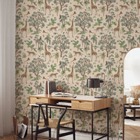 Whimsical Hand Drawn Tropical Safari Scene Wallpaper⁠