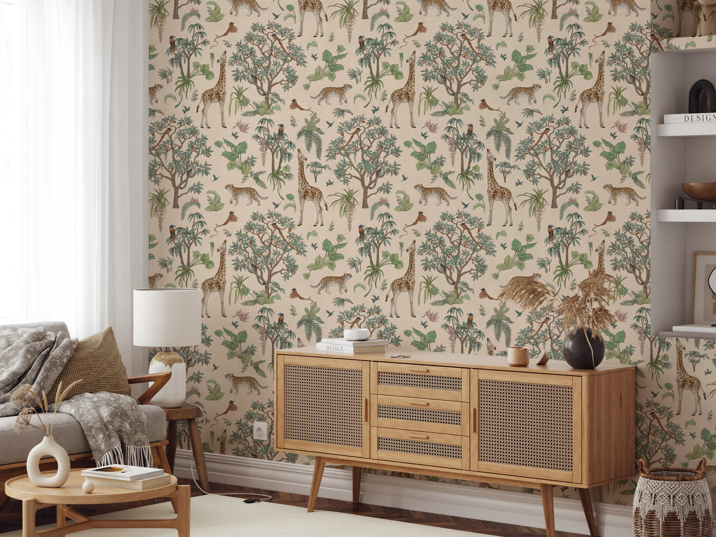 Whimsical Hand Drawn Tropical Safari Scene Wallpaper⁠