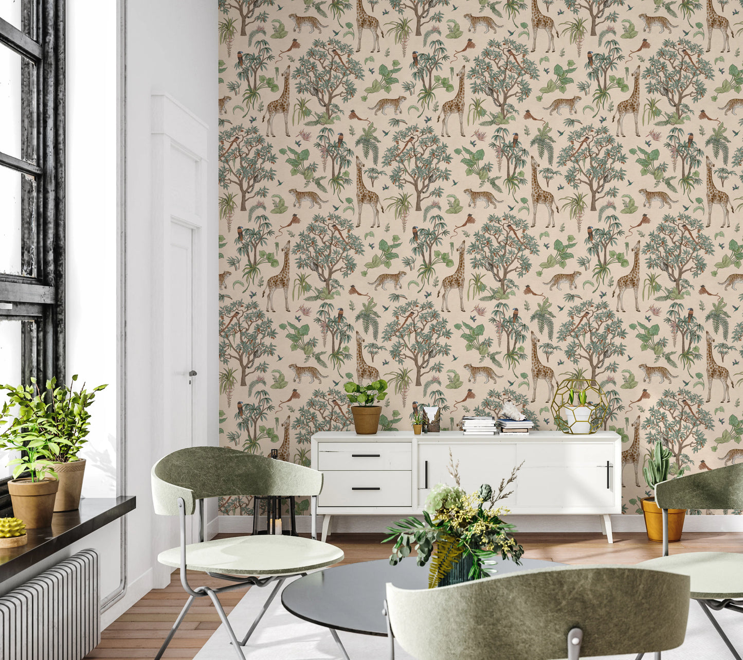Whimsical Hand Drawn Tropical Safari Scene Wallpaper⁠