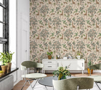 Whimsical Hand Drawn Tropical Safari Scene Wallpaper⁠