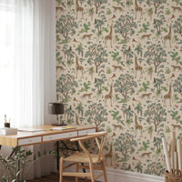 Whimsical Hand Drawn Tropical Safari Scene Wallpaper⁠