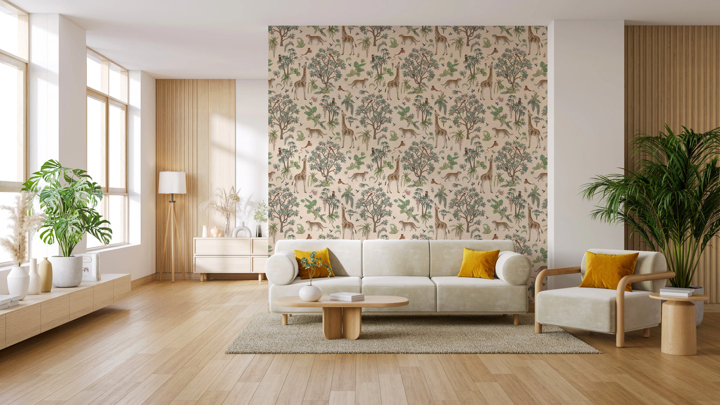 Whimsical Hand Drawn Tropical Safari Scene Wallpaper⁠