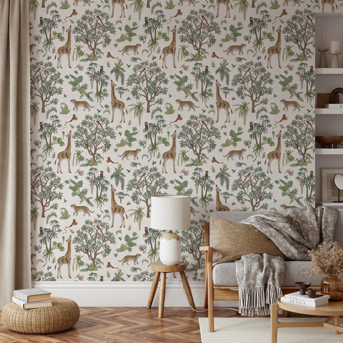 Enchanted Safari Animals and Tropical Foliage Wallpaper Wallpaper⁠