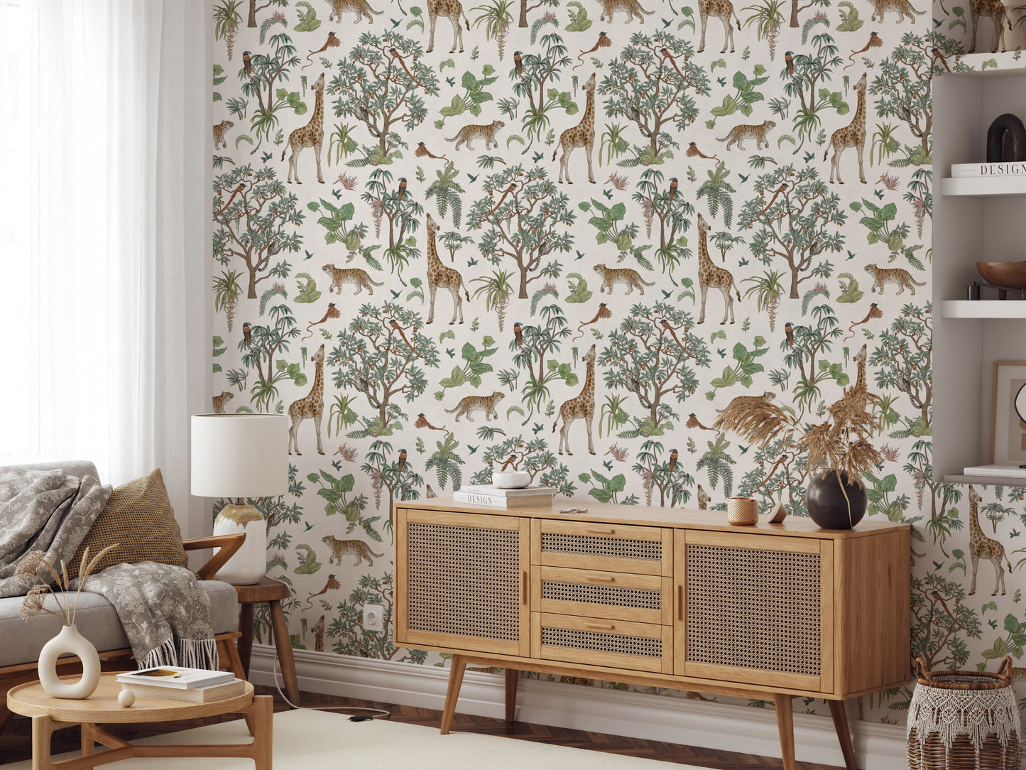 Enchanted Safari Animals and Tropical Foliage Wallpaper Wallpaper⁠