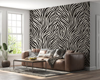 Repeating zebra stripe wall mural in matte black on an off white ground