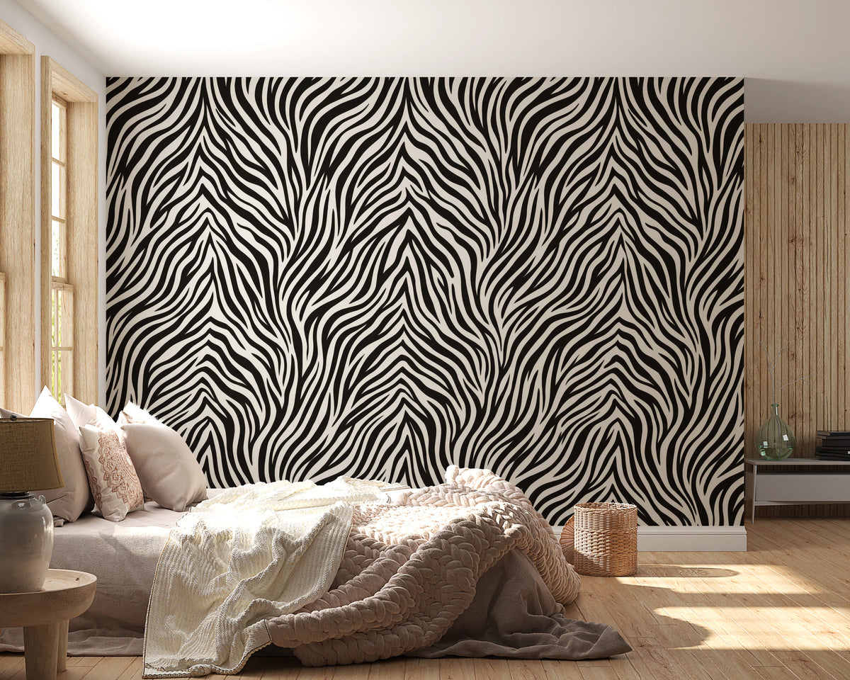 Black and white animal stripe wall mural with tapering fanned lines in bedroom