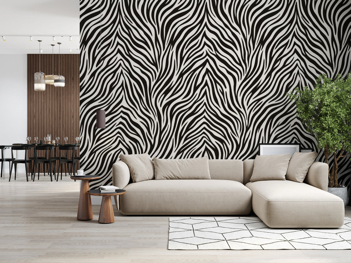 Bold black stripe wall mural with cream gaps in a continuous repeat
