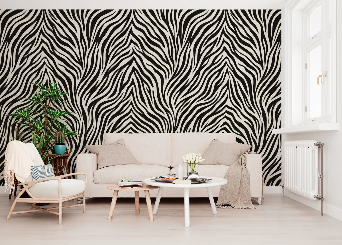 Zebra stripe wall mural with upward chevron alignment in bold monochrome