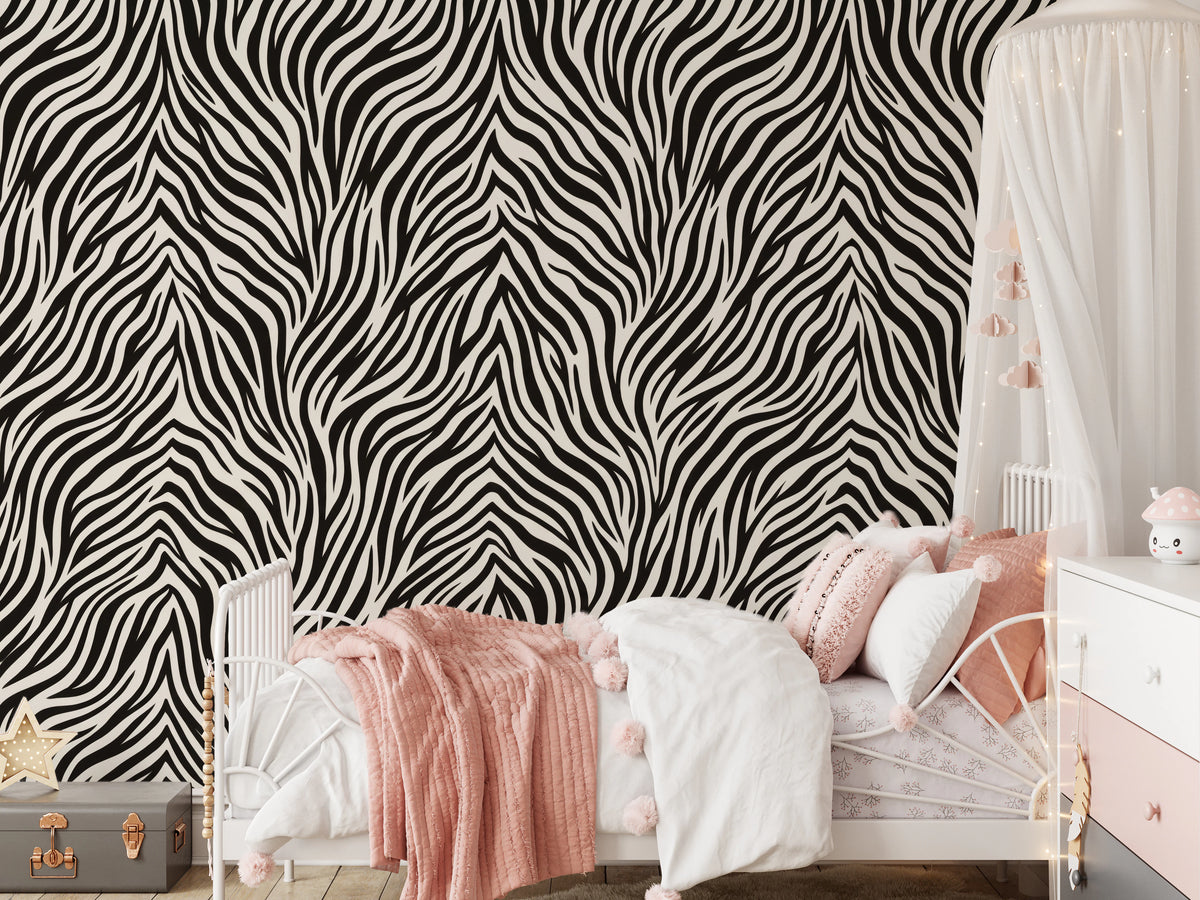 Vertical zebra stripe wall mural with lines splitting from a central spine