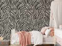 Vertical zebra stripe wall mural with lines splitting from a central spine