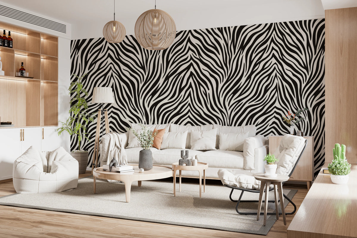 Monochrome stripe mural across a living room wall in bold black lines