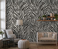 Zebra pattern wall mural with fine and heavy stripes in nursery