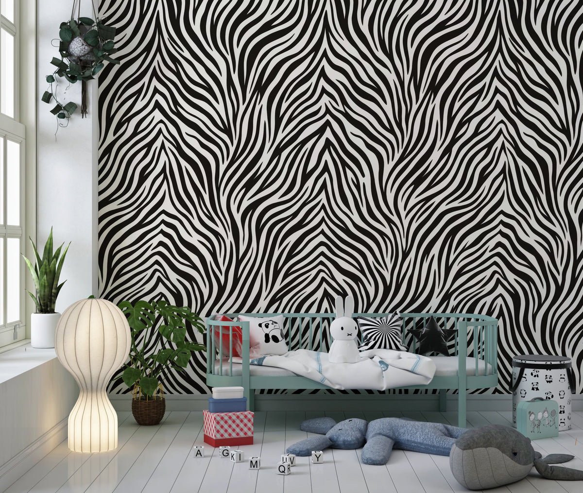 Zebra stripe mural on a children's room feature wall in black and white