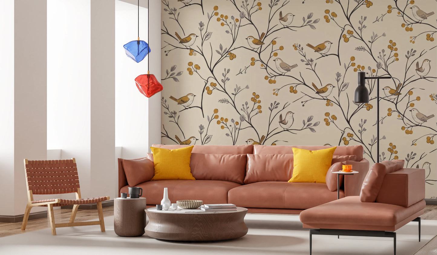 Charming Woodland Birds and Berries Pattern Wall Mural