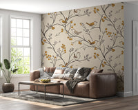 Charming Woodland Birds and Berries Pattern Wall Mural
