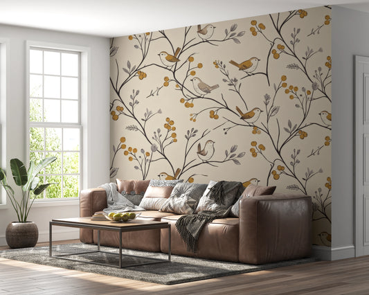 Charming Woodland Birds and Berries Pattern Wall Mural