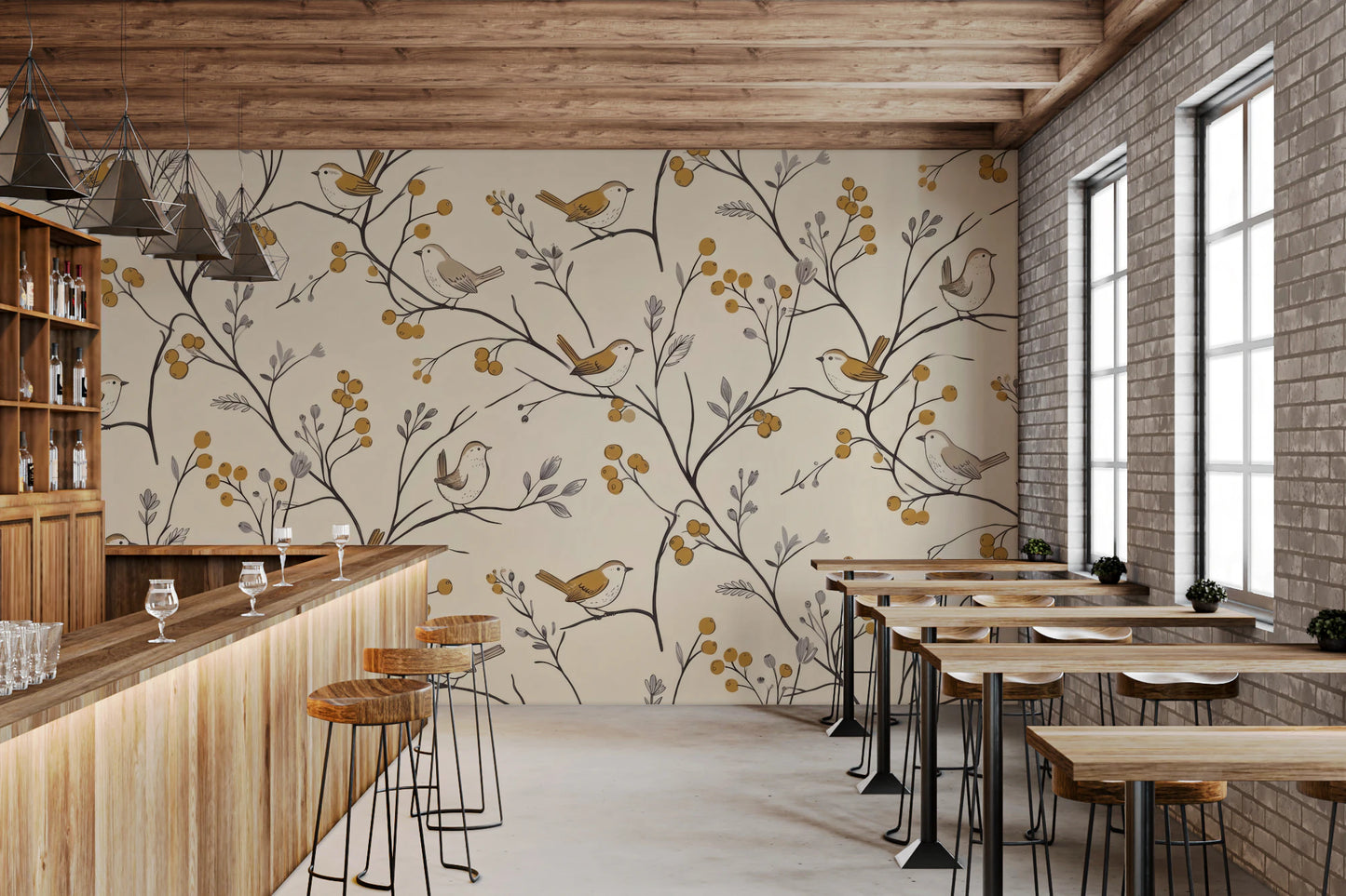 Charming Woodland Birds and Berries Pattern Wall Mural