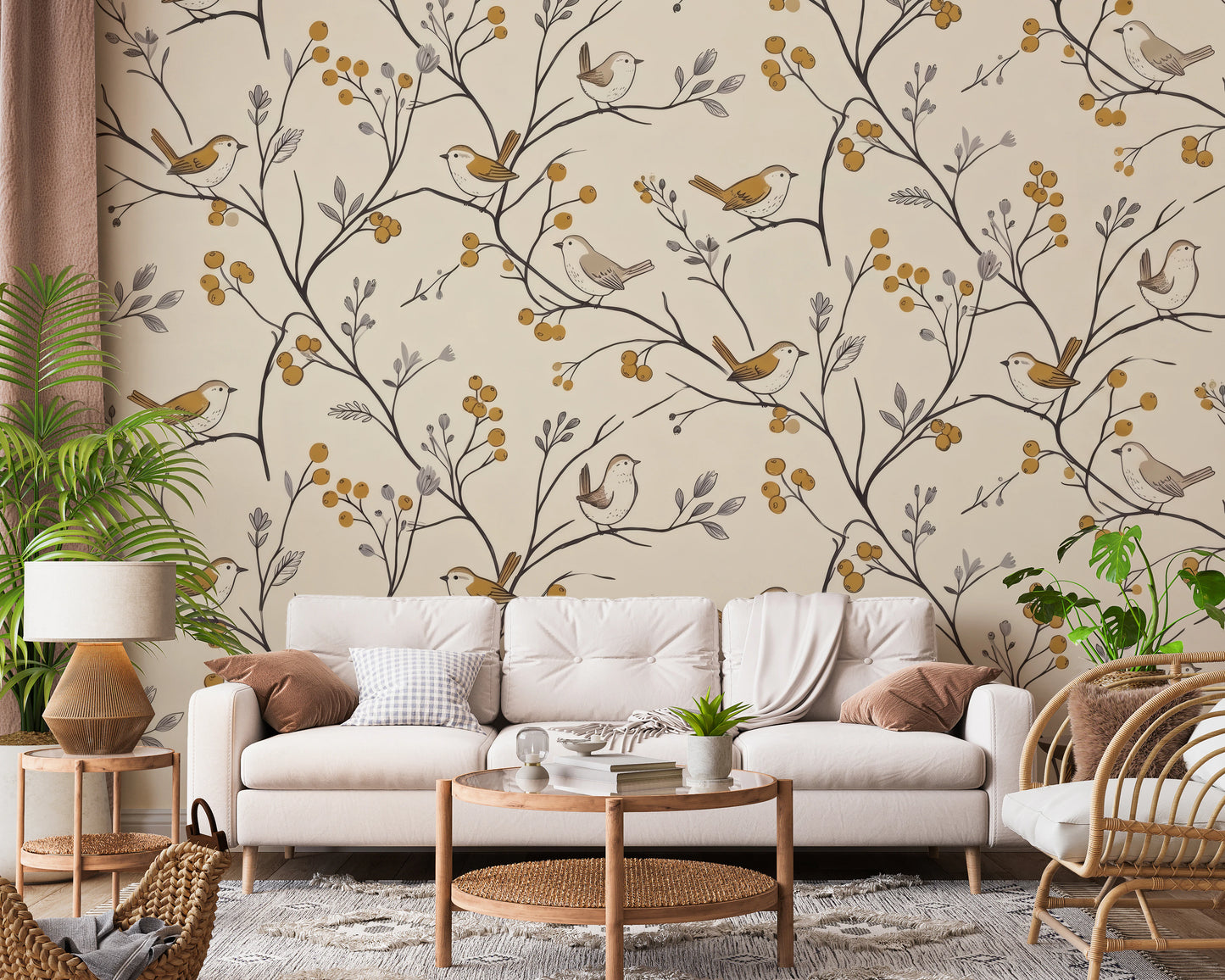 Charming Woodland Birds and Berries Pattern Wall Mural