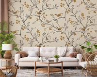 Charming Woodland Birds and Berries Pattern Wall Mural