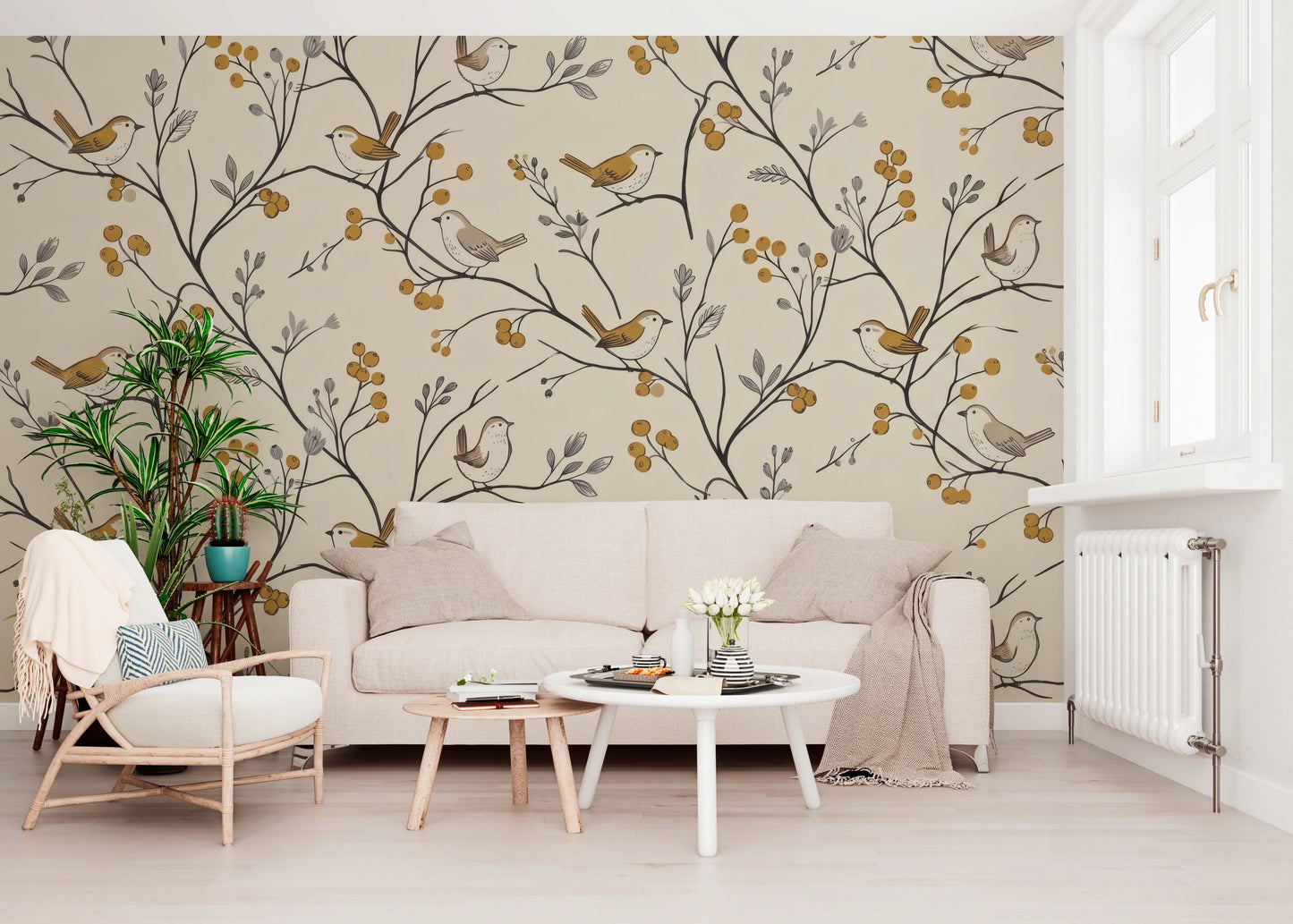 Charming Woodland Birds and Berries Pattern Wall Mural