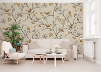 Charming Woodland Birds and Berries Pattern Wall Mural