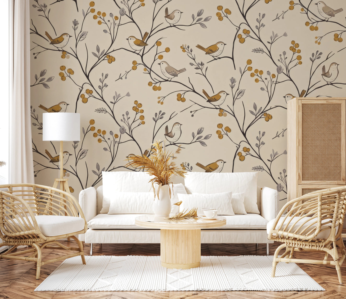 Charming Woodland Birds and Berries Pattern Wall Mural