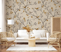 Charming Woodland Birds and Berries Pattern Wall Mural