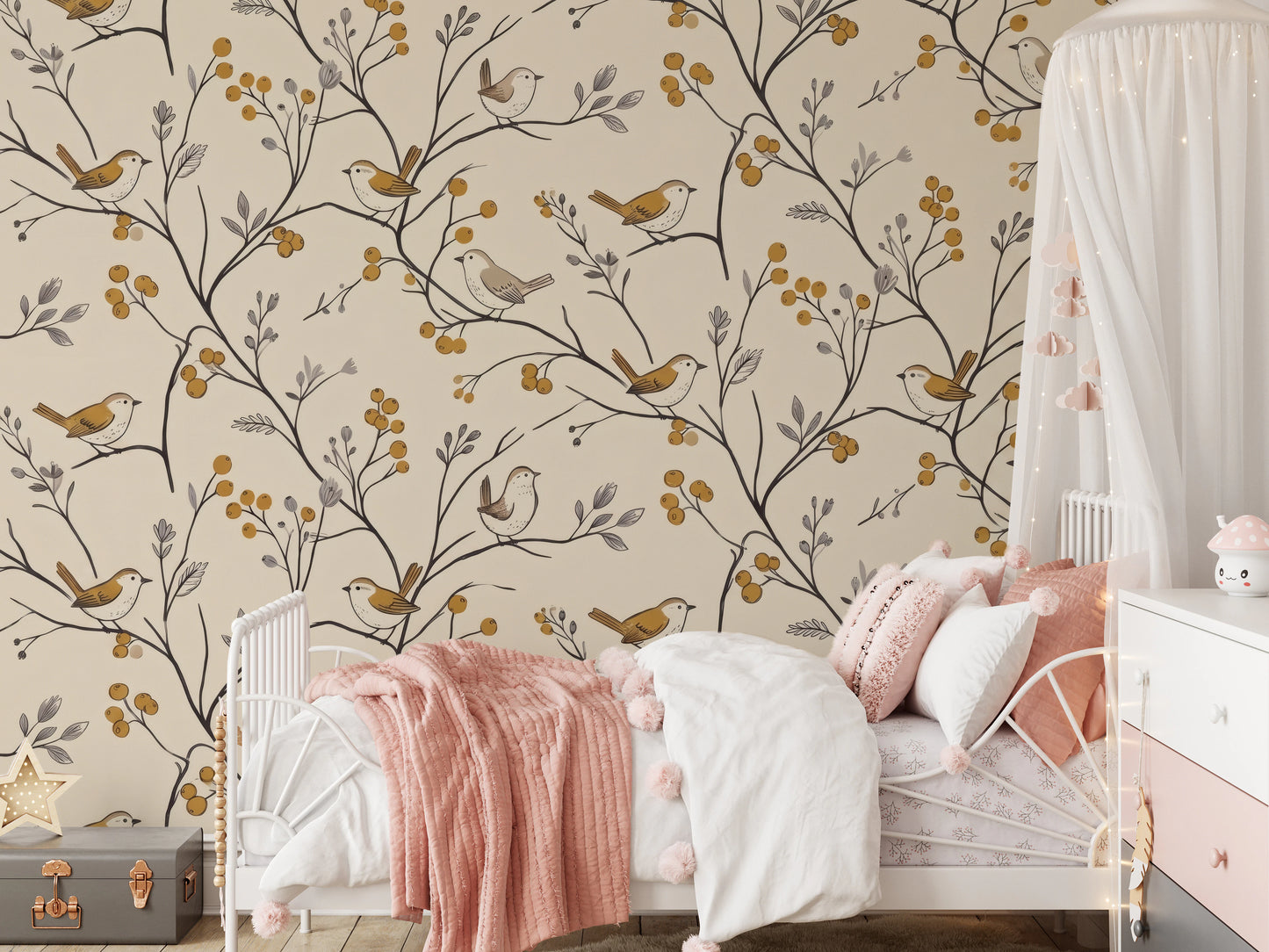 Charming Woodland Birds and Berries Pattern Wall Mural