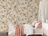 Charming Woodland Birds and Berries Pattern Wall Mural