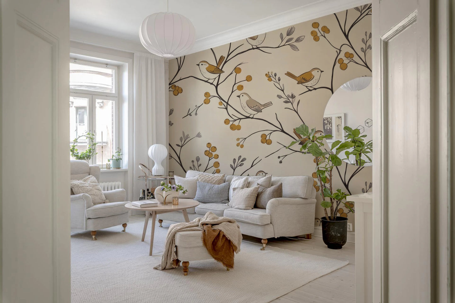 Charming Woodland Birds and Berries Pattern Wall Mural