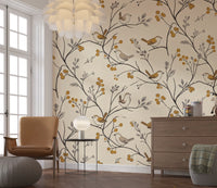 Charming Woodland Birds and Berries Pattern Wall Mural