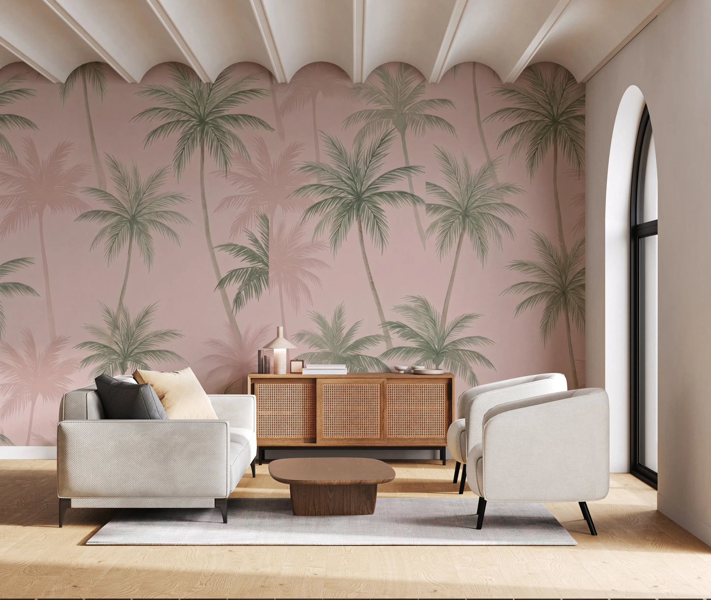 Soft Blush Palm Tree Oasis Wallpaper Wall Mural