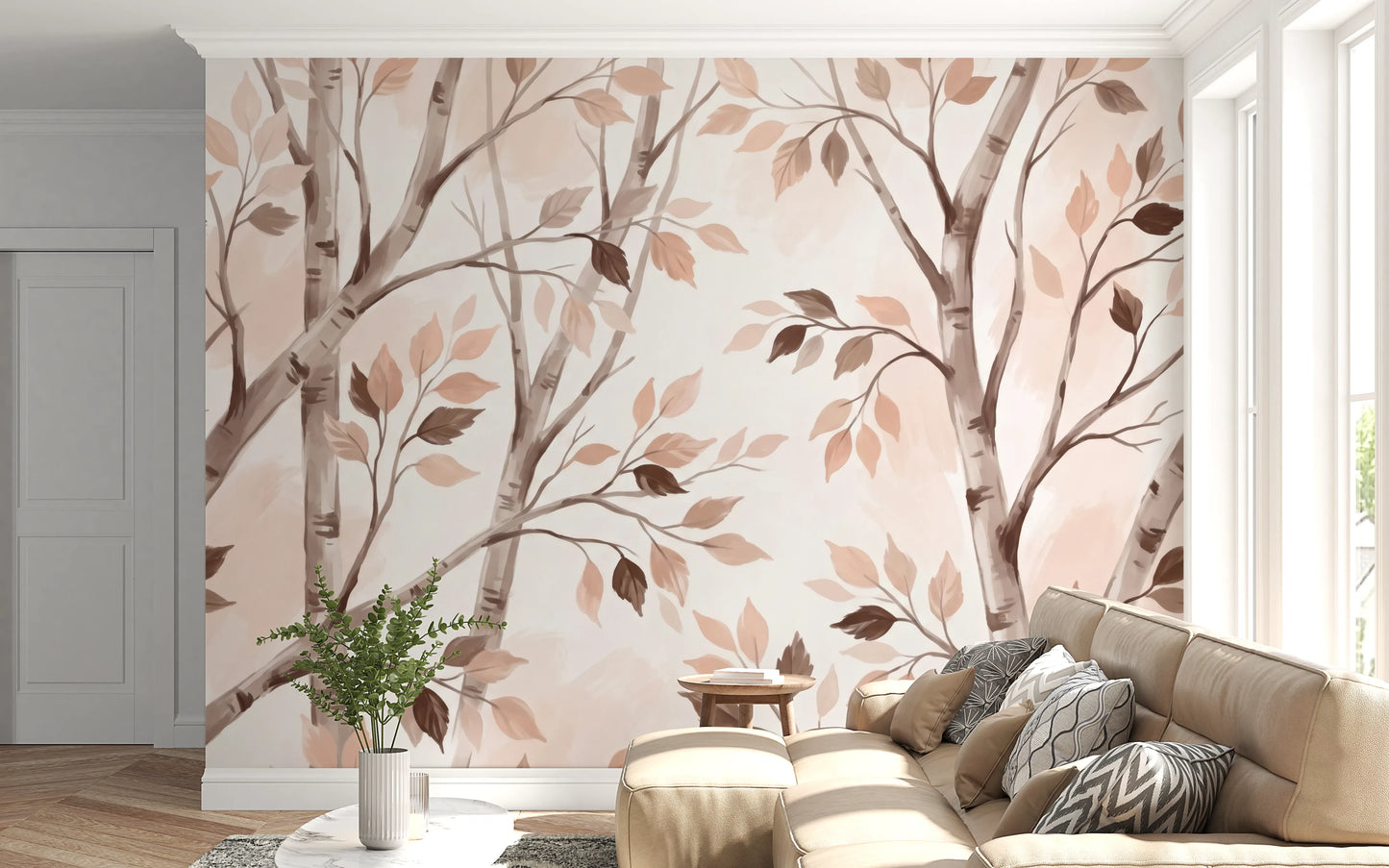 Soft Autumn Birch Forest Watercolor Mural Wall Mural