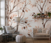Soft Autumn Birch Forest Watercolor Mural Wall Mural