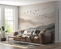 Ethereal Flock Over Misty Peaks Wall Mural Wall Mural