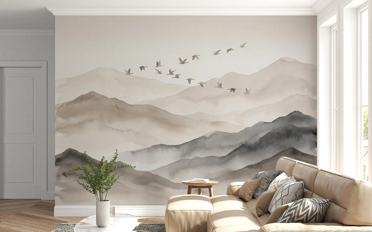 Ethereal Flock Over Misty Peaks Wall Mural Wall Mural